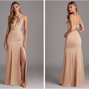 Azazie Elana Sheath Side Slit Stretch Satin Dress in English Rose